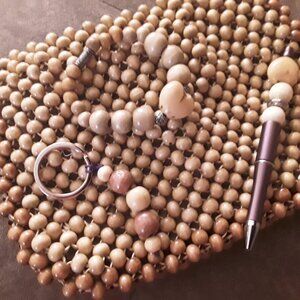 Vintage wodden 9/7 inch  purse, handmade stretch bracelet, keychain, pen.